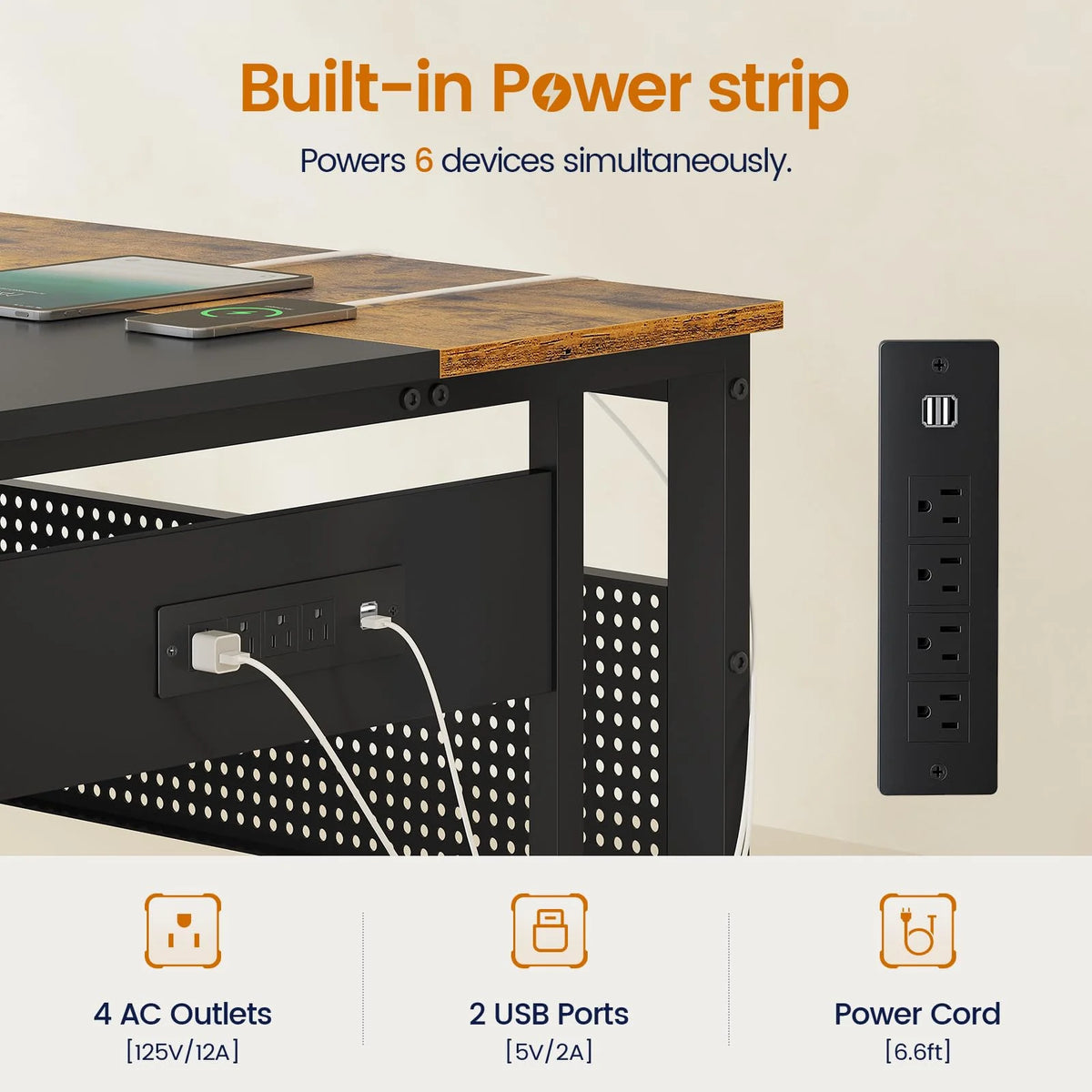 71" Executive Desk with Power Outlets, Modern L Shaped Office Desk with File Drawers and Pegboard, Large Computer Desk, Rustic Brown