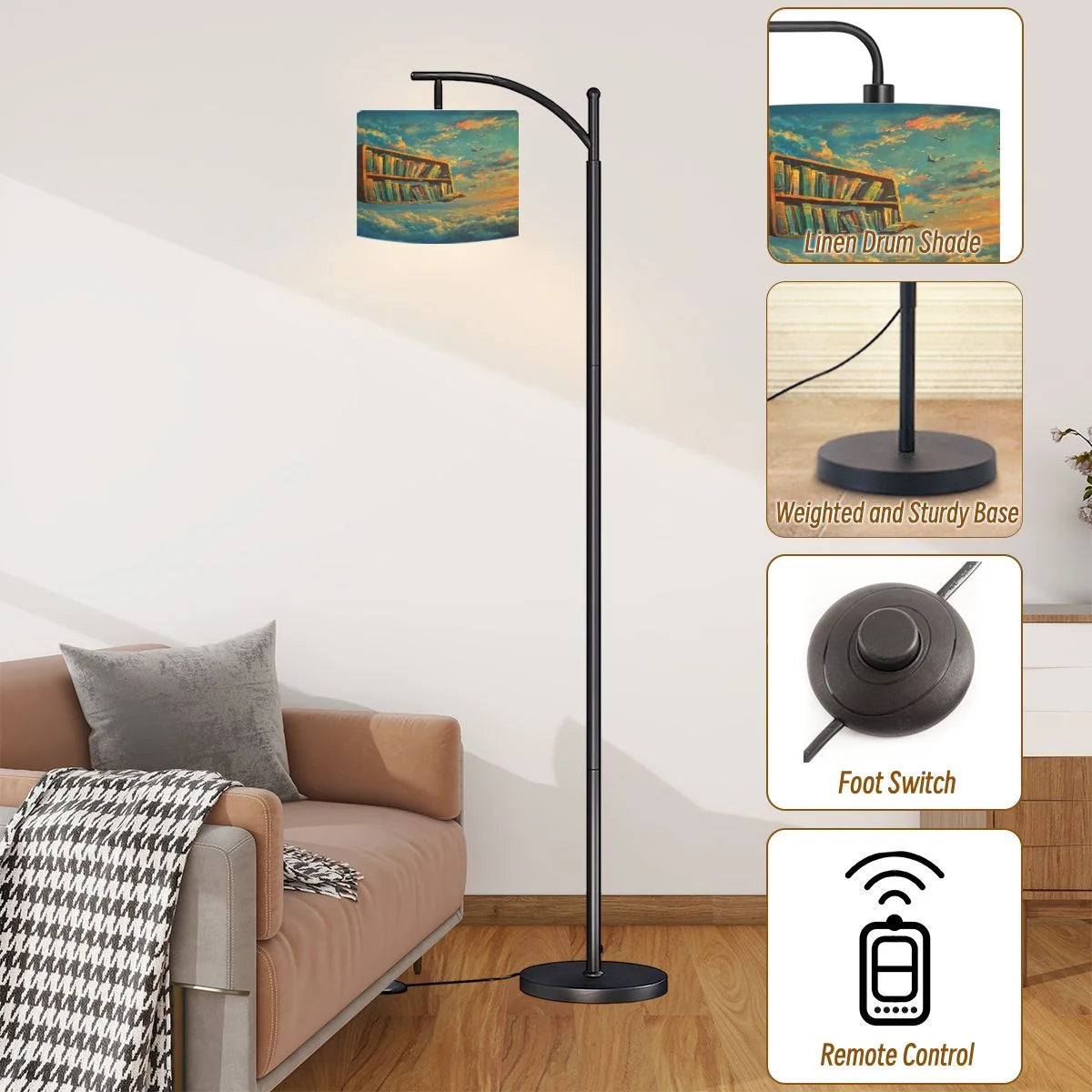 Arc Floor Lamps Surreal Bookshelf Dreamlike Sky Art Print Modern LED Adjustable Lampshade Standing Light for Living Room Reading Bedroom Office