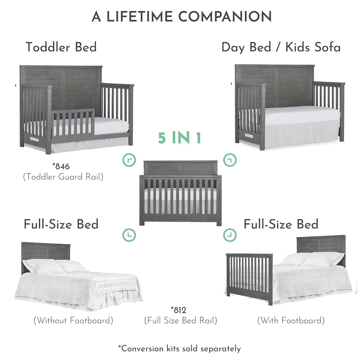 Evolur Belmar Flat 5-in-1 Convertible Crib. Rustic Grey