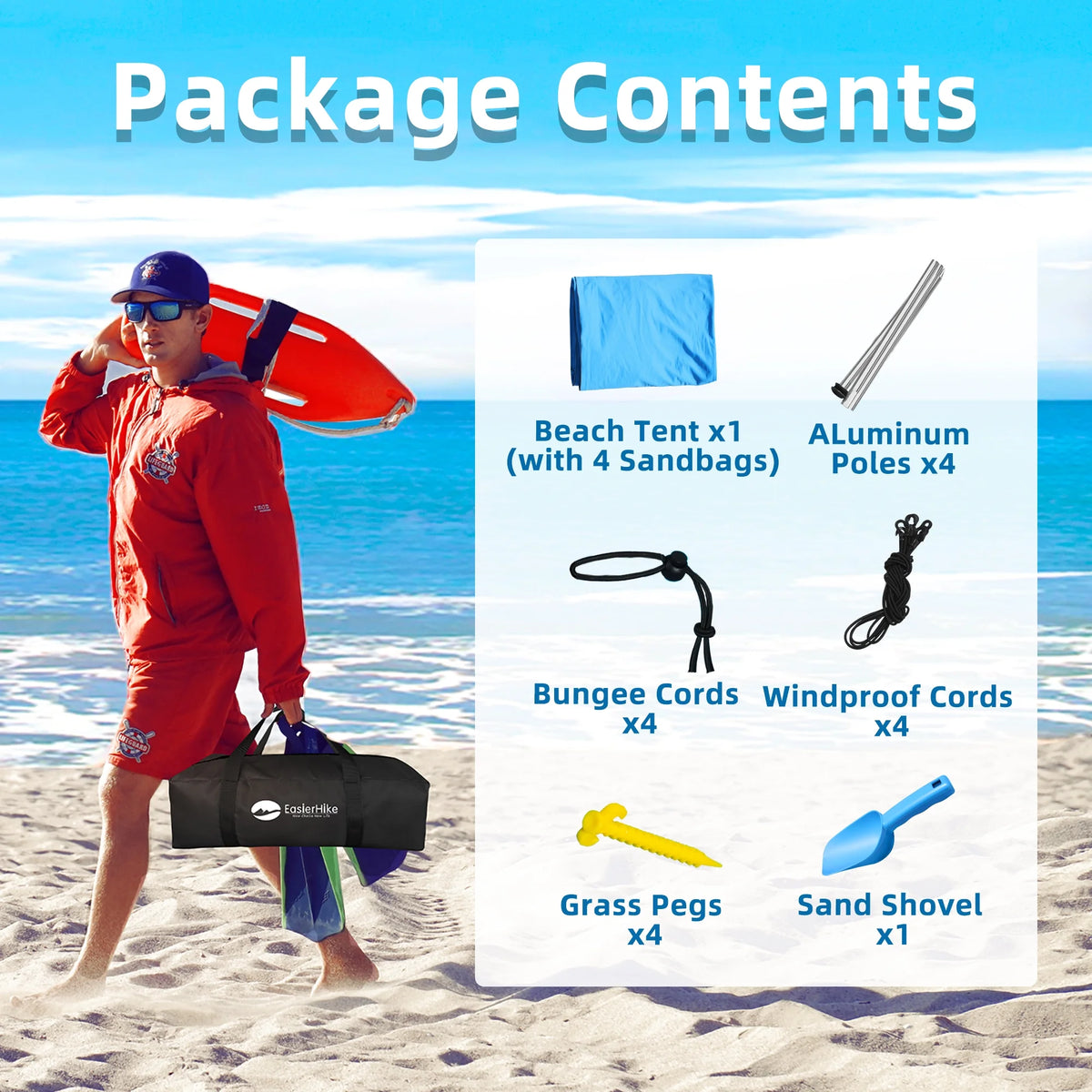 Easierhike 10'x10' Beach Tent Sun Shelter, UPF 50+ Windproof Beach Canopy for 8-10 People, Portable with Carry Bag, Easy Setup for Outdoor, Royal Blue