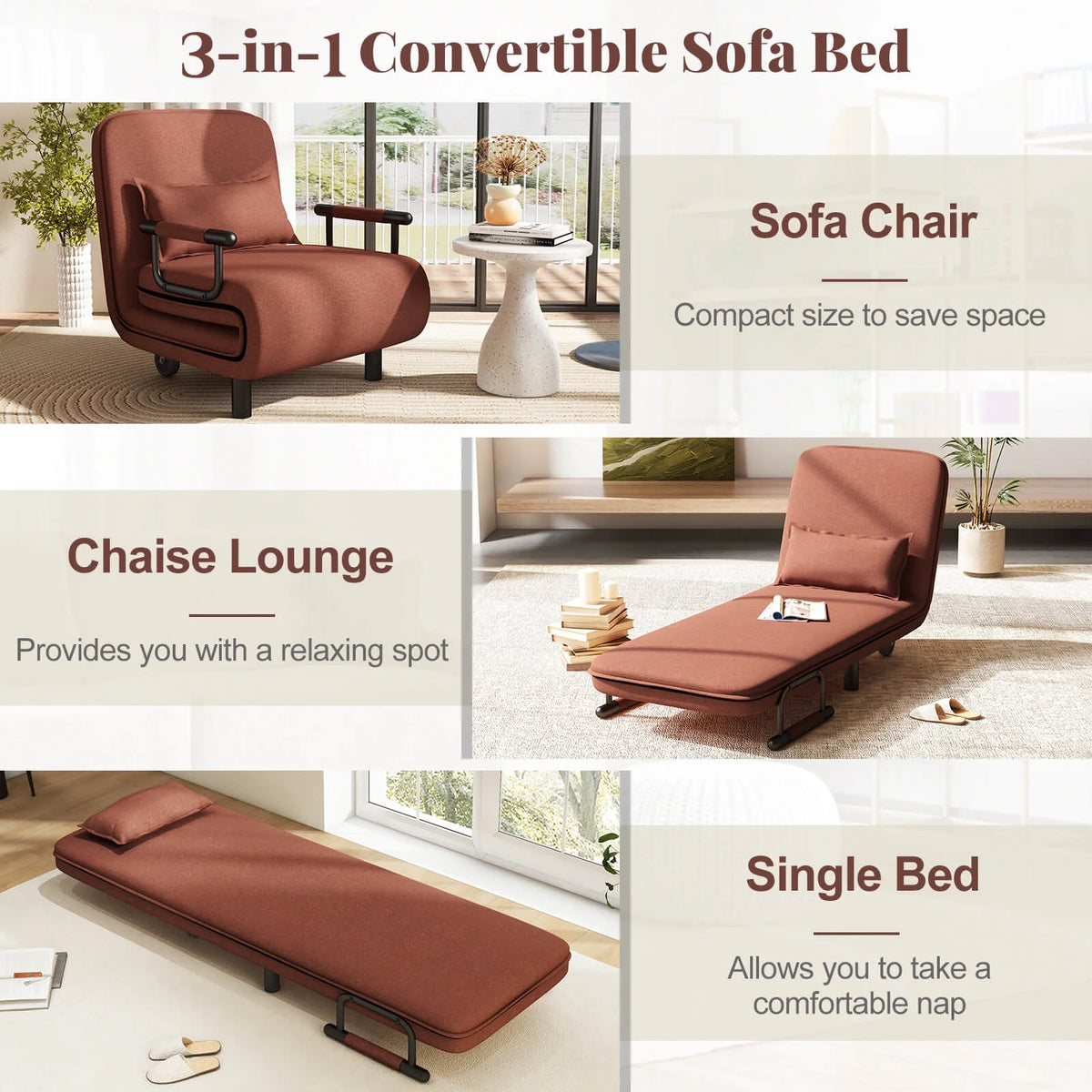 Costway 3-in-1 Convertible Sofa Bed with 5-Position Adjustable Backrest & Lumbar Pillow Brown