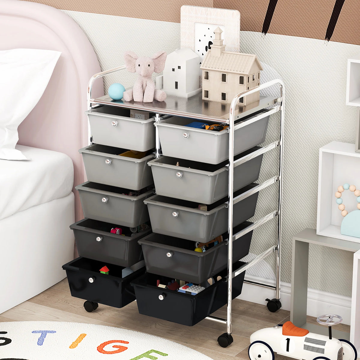 Gymax 10-Drawer Rolling Storage Cart Tools Scrapbook Paper Organizer on Wheels Black Gradient