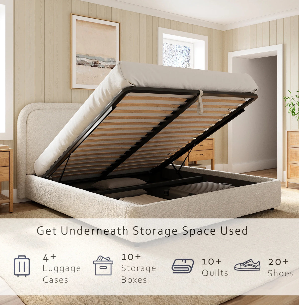 Modern Upholstered Platform Bed with Lift-Up Storage, Headboard, Wood Slats, Noise-Free