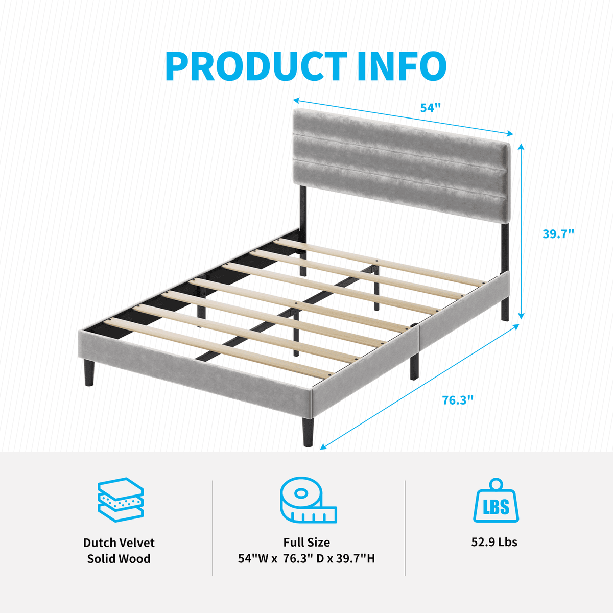 MUZZ Modern Upholstered Velvet Bed Frame, Platform Bed Frame Tufted | Light Grey, Full