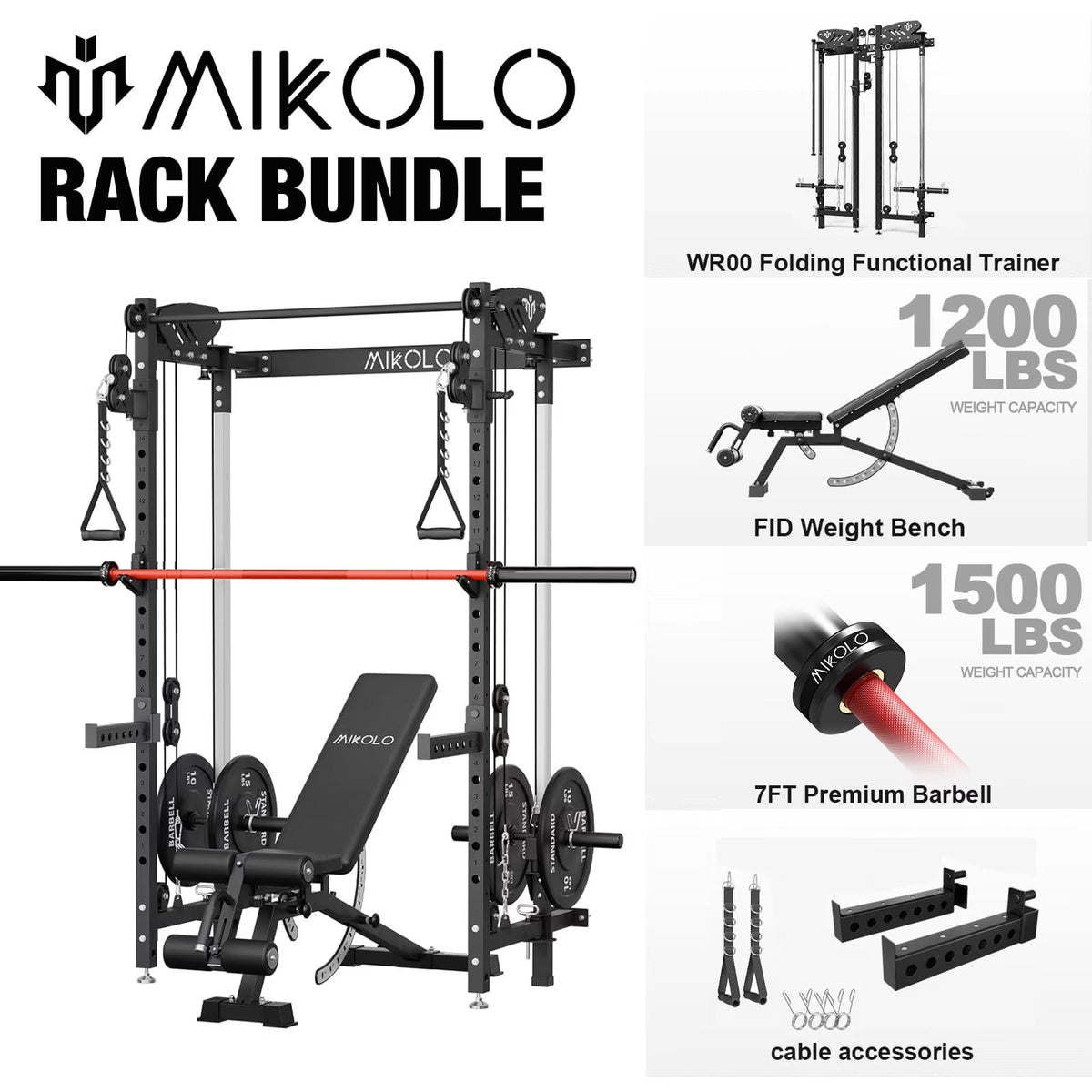 Mikolo Foldable Power Rack Cage,1000lbs Capacity Wall Mounted Squat Rack with independent pulley system, Space Saving Home Gym Equipment with 5 Adjustable Angle