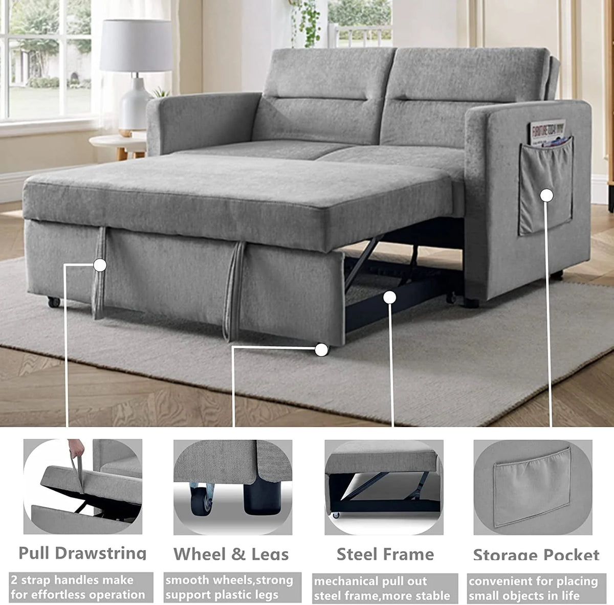 54.5" Pull Out Sofa Sleeper Couch, 3-in-1 Convertible Sleeper Sofa Bed for Living Room Apartment, Breathable Chenille Adjustable Sleeper Loveseat with Pull Out Bed and Side Pockets, Gray