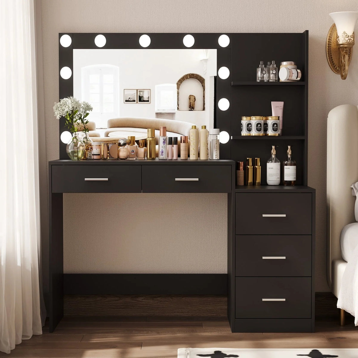Rovaurx 46.7" Makeup Vanity Table with Lights and Mirror, 5 Drawers, Modern Dressing Desk, White