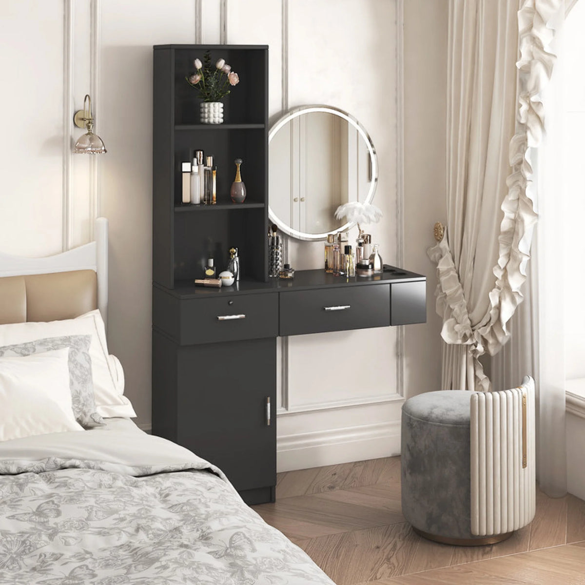 Modern Vanity Desk with Lights Makeup Vanity Dressing with Mirror Large Storage Space Black