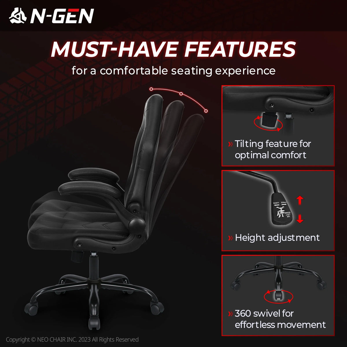 N-GEN Red Gaming Chair, Flip-up Armrest Computer Chair Ergonomic Office Chair PU Leather Desk Chair Executive Adjustable Swivel Task Chair