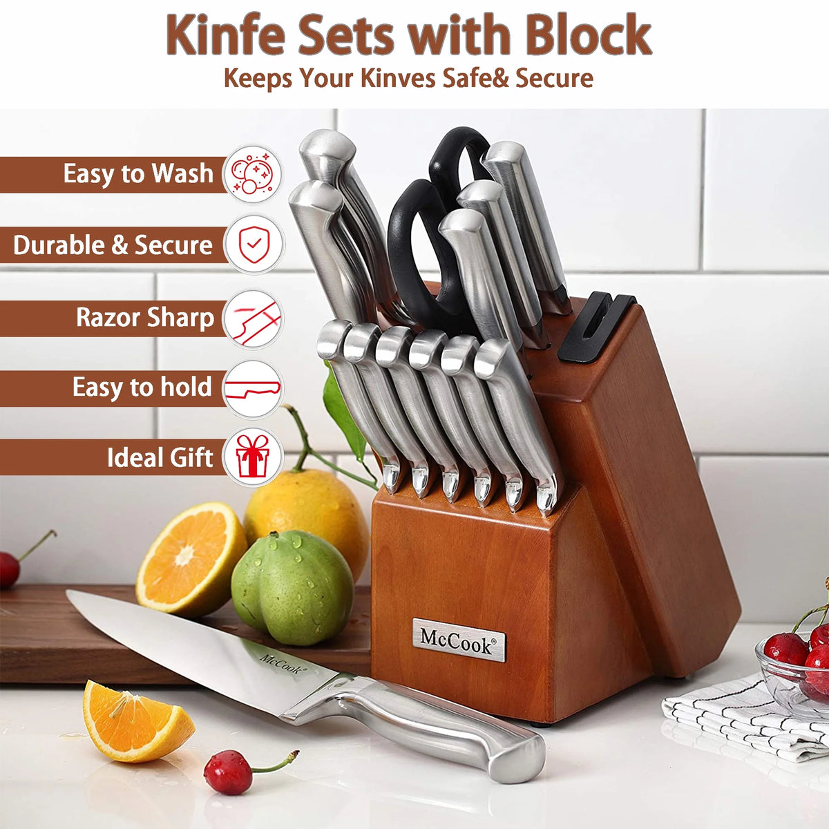 McCook MC29 Knife Sets, 15 Pieces German Stainless Steel Kitchen Knife Block Sets with Built-in Sharpener