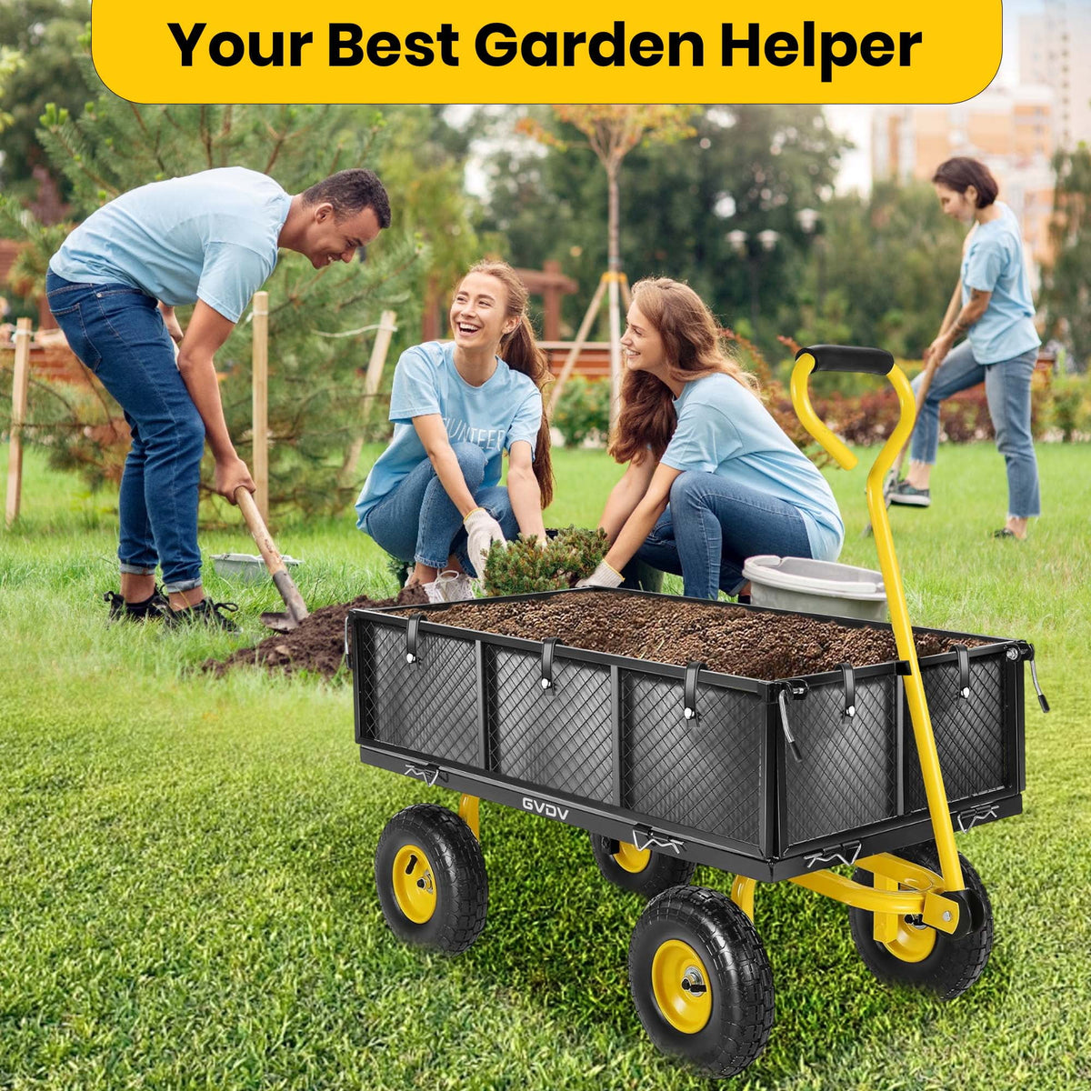 GVDV Heavy Duty Steel Garden Cart with Liner, 660lbs Capacity, 3 Cu ft, 10" All-Terrain Wheels, Black/Yellow �C Durable Utility Cart for Yard Work, Hauling, and Outdoor Use