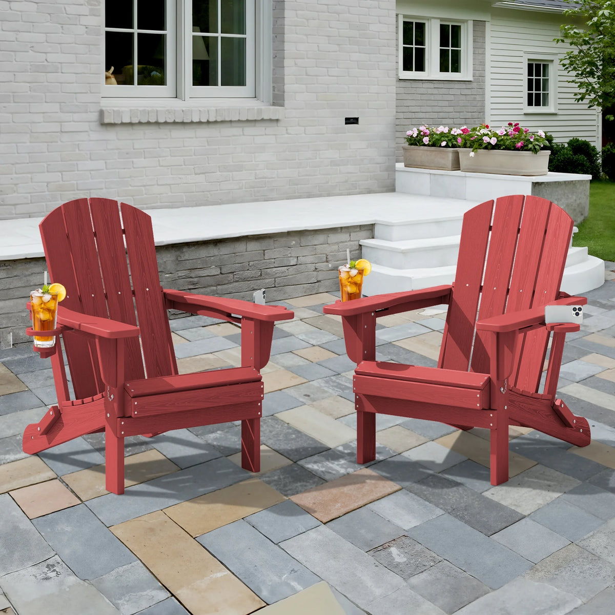 SERWALL Folding Adirondack Chair Set with Dual Cup Holders & Phone Holder, All-Weather HDPE Fire Pit Chairs for Outdoor, Patio, Poolside, Garden - Black