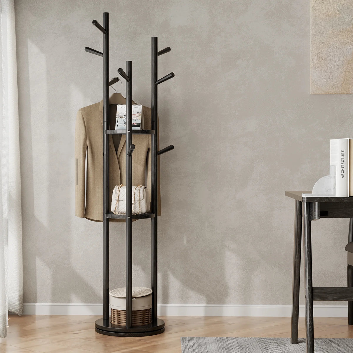 KASLANDI Solid Wood Rotary Coat Rack with 3 Shelves & 9 Hooks, Freestanding Hall Tree Stand, Coat Tree for Entryway, Living Room, Walnut, Easy Assembly