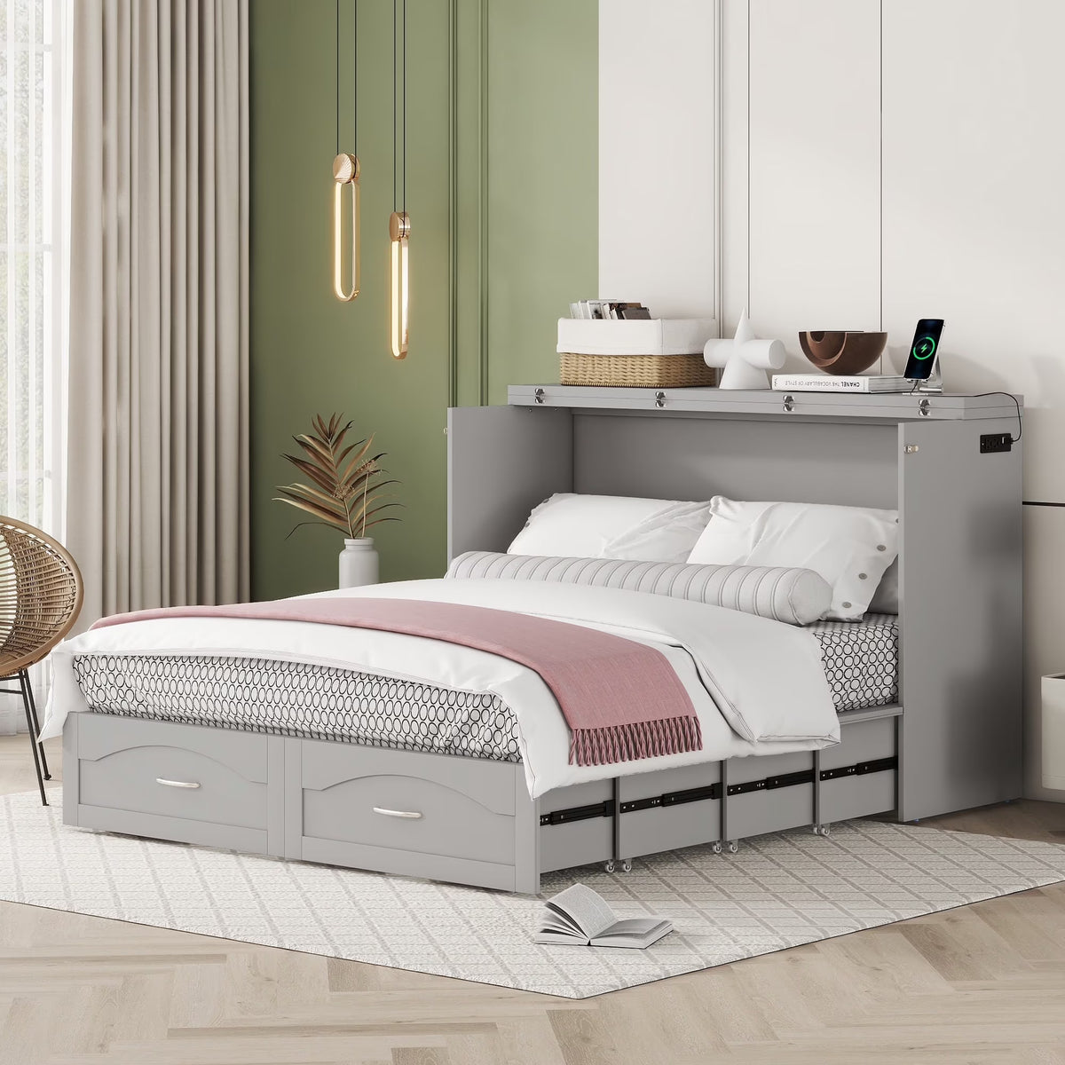 Harper & Bright Designs Full Size Murphy Bed with Shelves, Foldable Wall Bedframe w/Flexible Slats Support, Space-Saving Design, Can Be Folded Into Cabinet, White