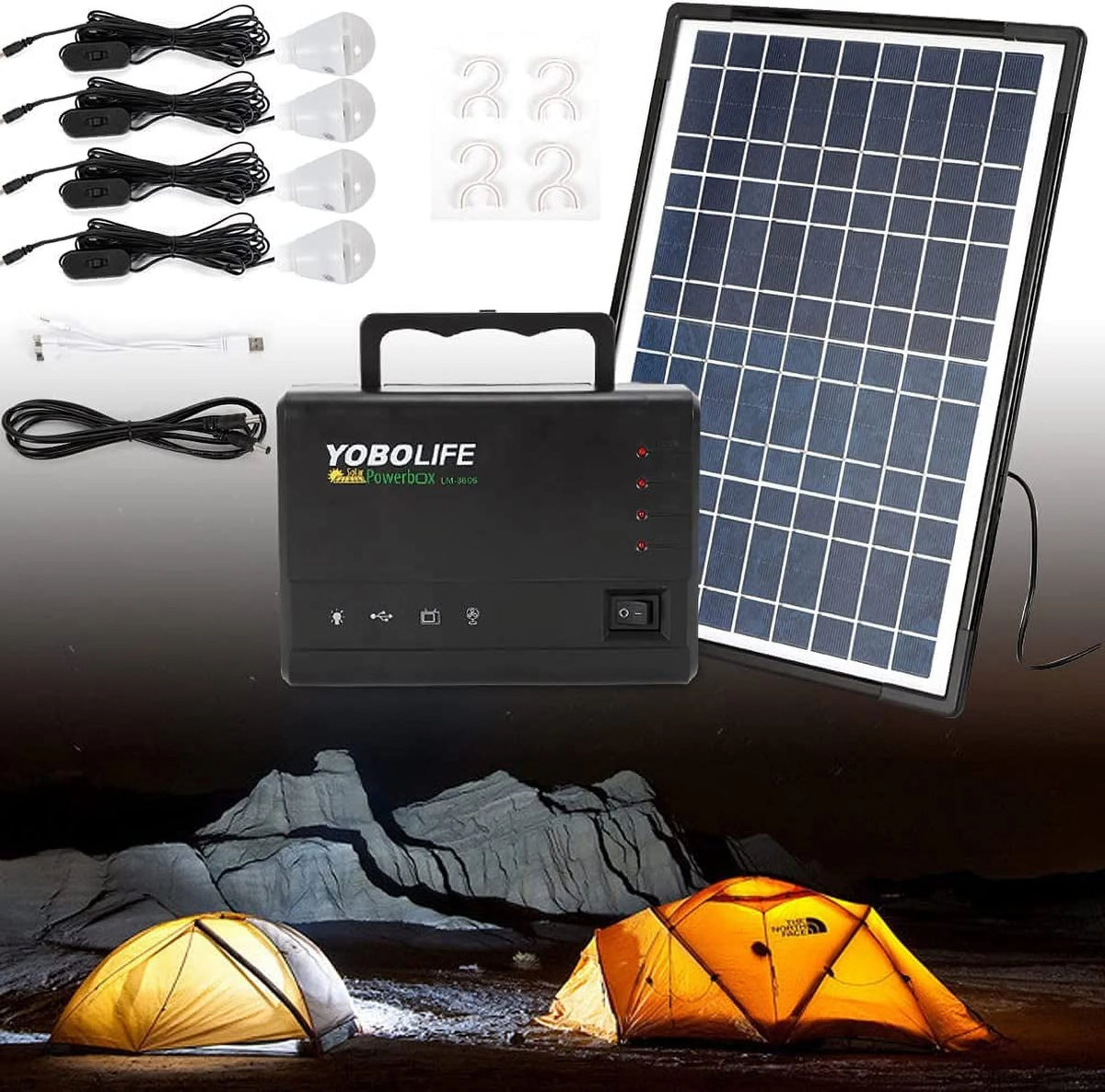 Solar Panel Power Generator Kit, Portable Battery Pack Power Station w/ 4 Bulbs, Emergency Power Supply System