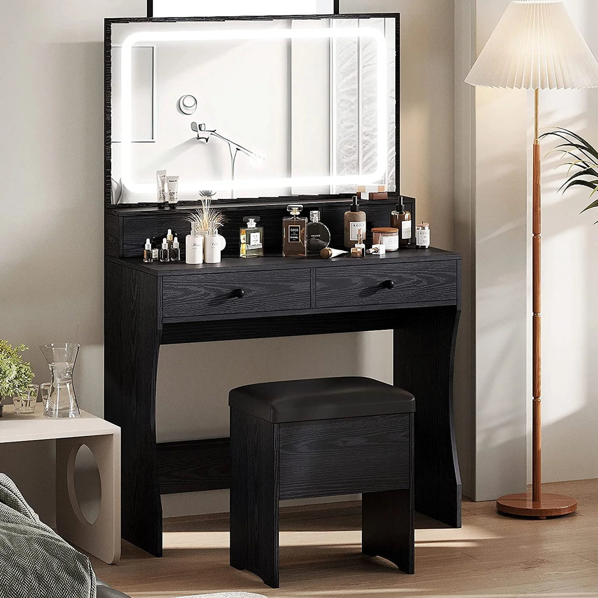 IRONCK Vanity Makeup Table Desk Set with LED Light Mirror & Power Outlet,  with 4 Drawers,Modern White