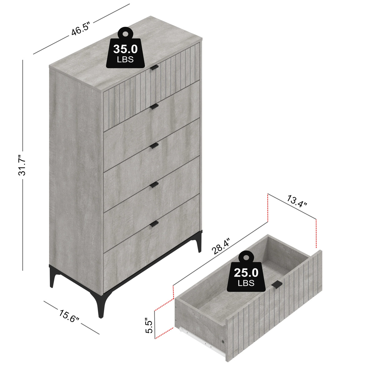 Galano Zaffy 5 Drawer Dressers for bedroom , Dusty Grey Oak