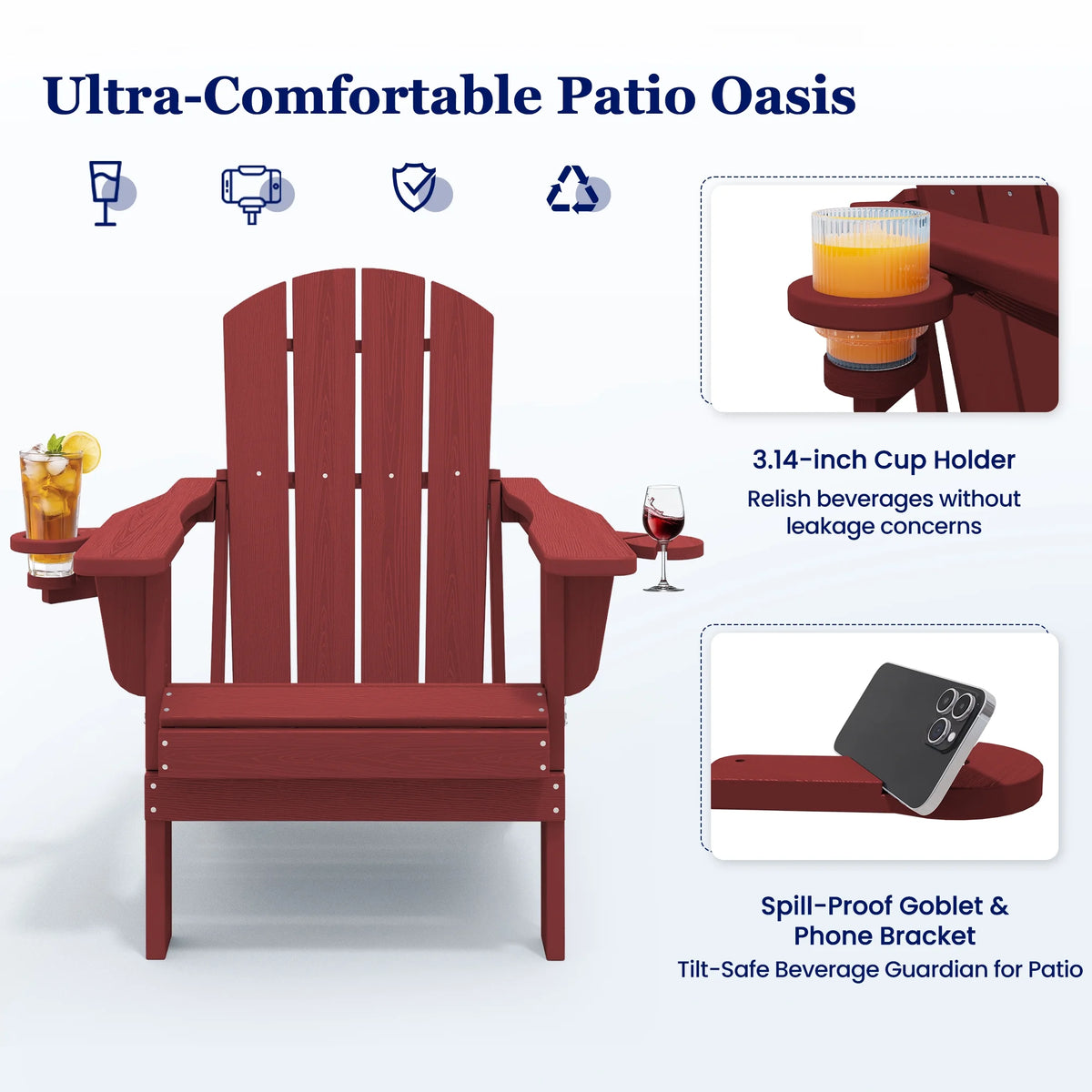 SERWALL Folding Adirondack Chair Set with Dual Cup Holders & Phone Holder, All-Weather HDPE Fire Pit Chairs for Outdoor, Patio, Poolside, Garden - Black