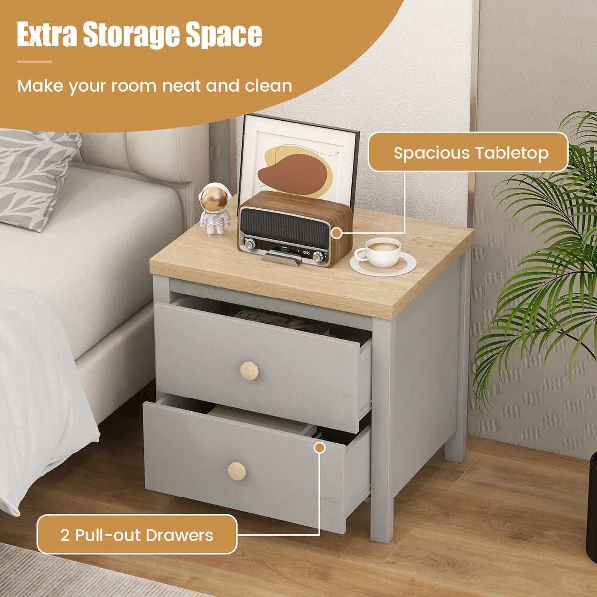 Gymax 2 PCS Nightstand Farmhouse Side End Table w/ Solid Wood Legs & 2 Drawers White