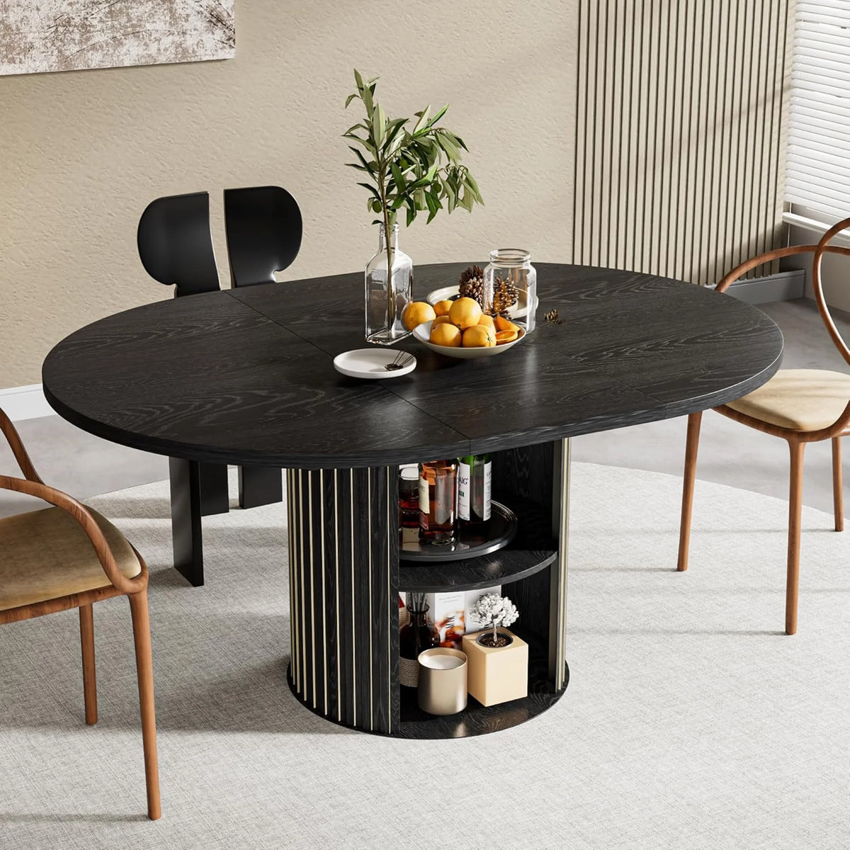 Extendable Dining Table for 4-6, Round Kitchen Table with Storage Shelf, Oval Dining Tables for Living Room (Walnut)