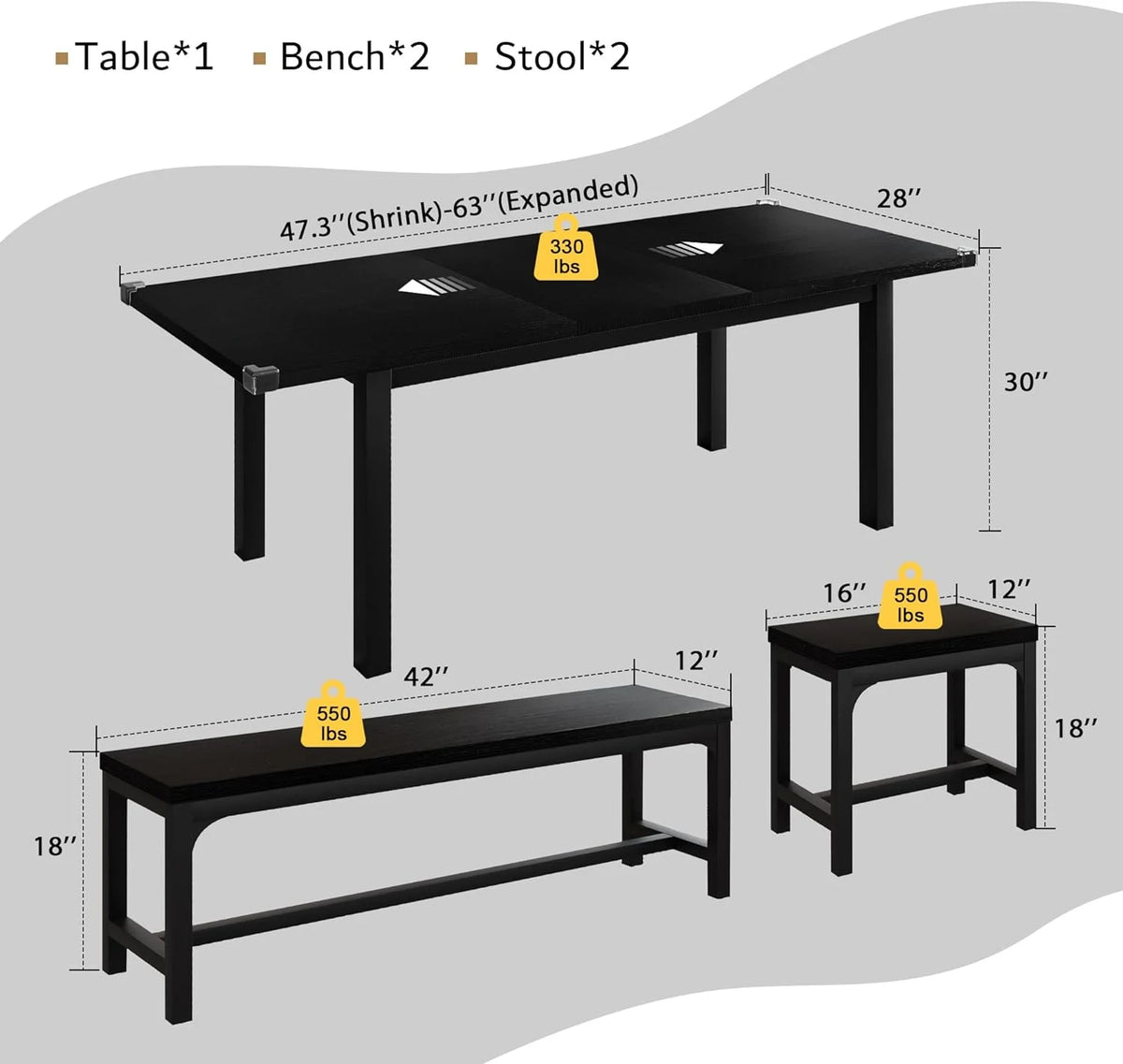 iPormis 5-Piece Dining Table Set for 4-8 People, Extendable Kitchen Table Set with 2 Benches and 2 Square Stools, Black