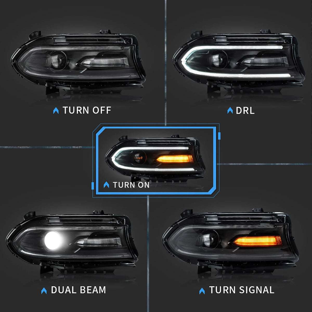 VLAND for Dodge Charger 2011 2012 2013 2014 Dual Beam Projector Headlights Replacement Assembly