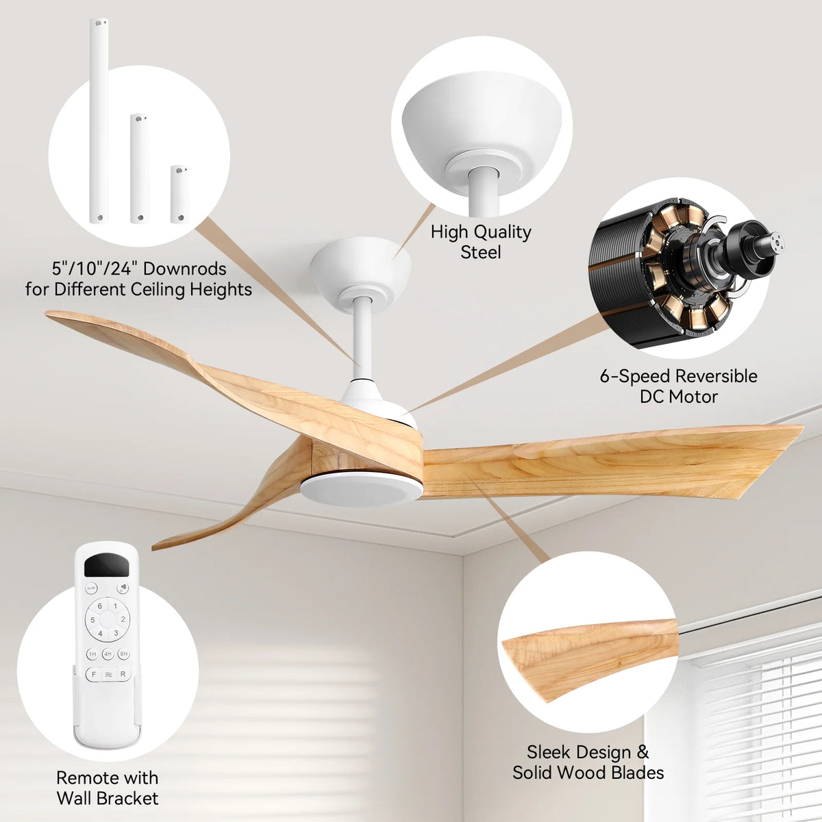 Sofucor 52" Wood Ceiling Fan No Light, 6 Wind Speeds, 3 Blades with Reverse Airflow, Black