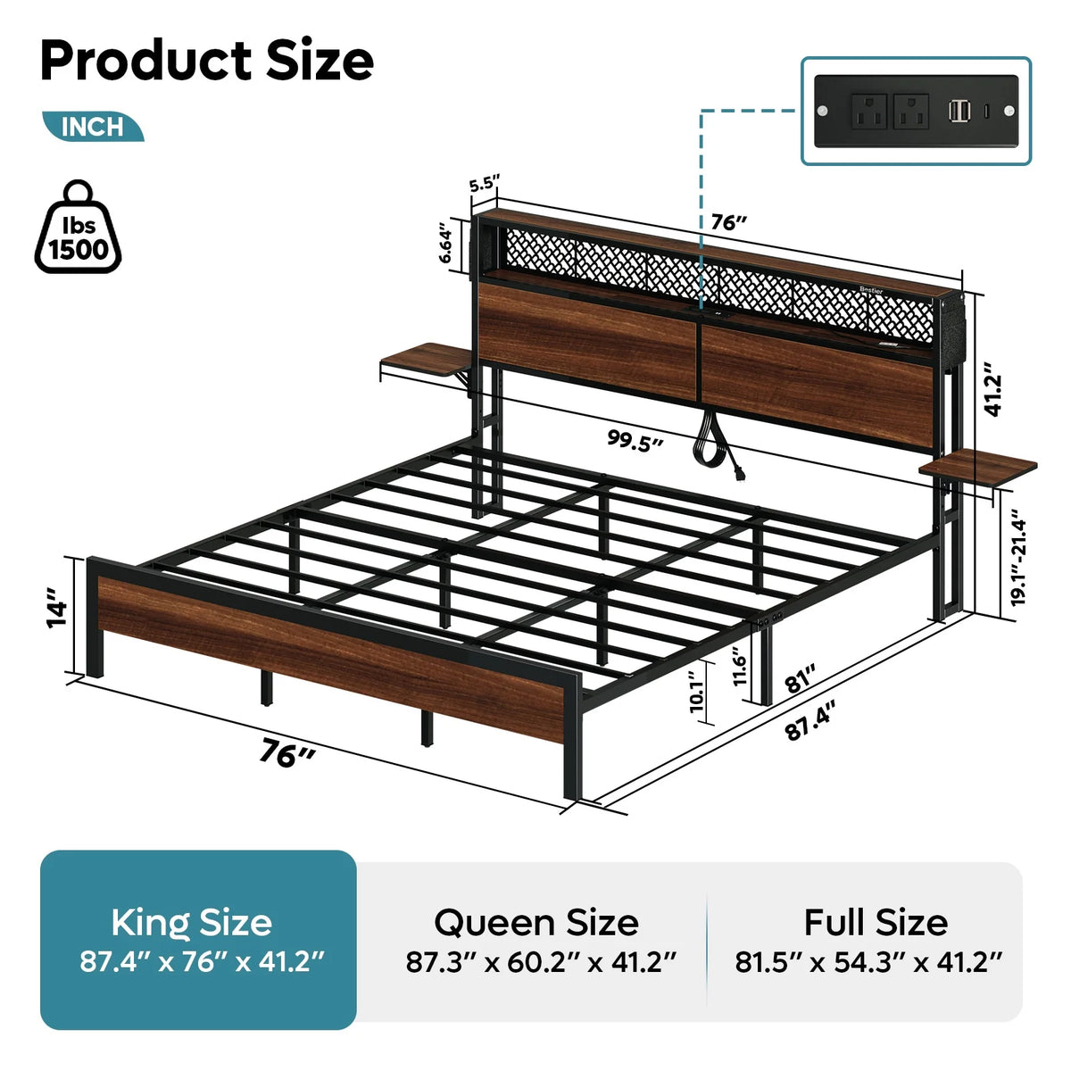 Bestier Queen Size Platform Bed Frame with Wood Foldable Bedside Shelves and LED Storage Headboard Charge Station, Gray
