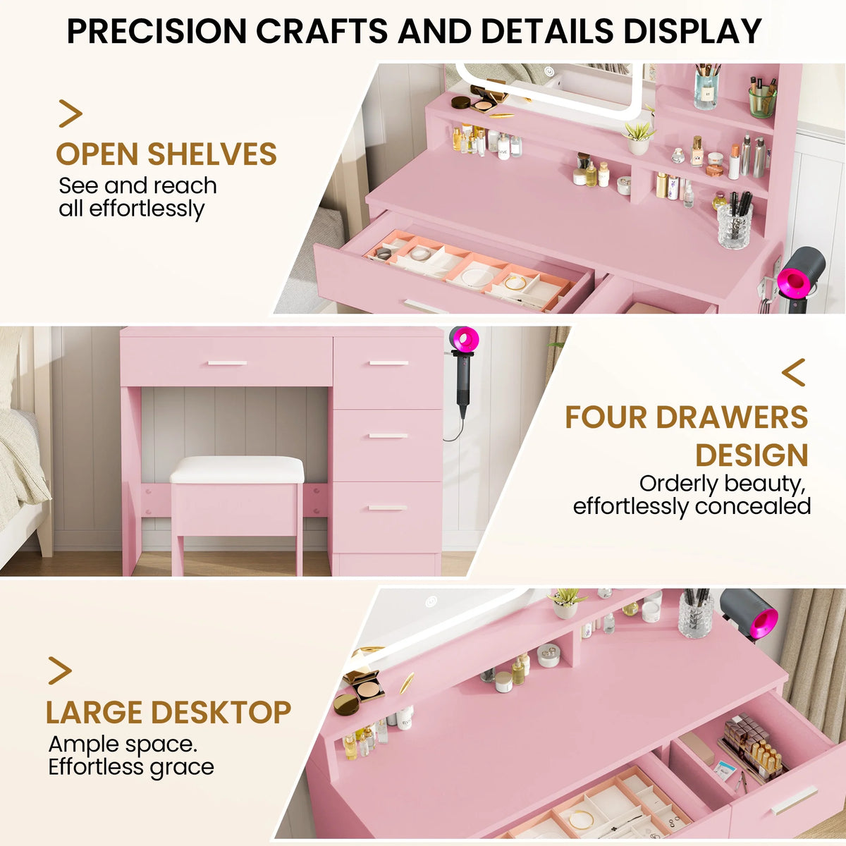 LIVELYGLOW Vanity Desk with Mirror and Lights, Makeup Vanity with Drawer & Storage Shelves, Cabinet, 3 Lighting Modes Adjustable Brightness,White