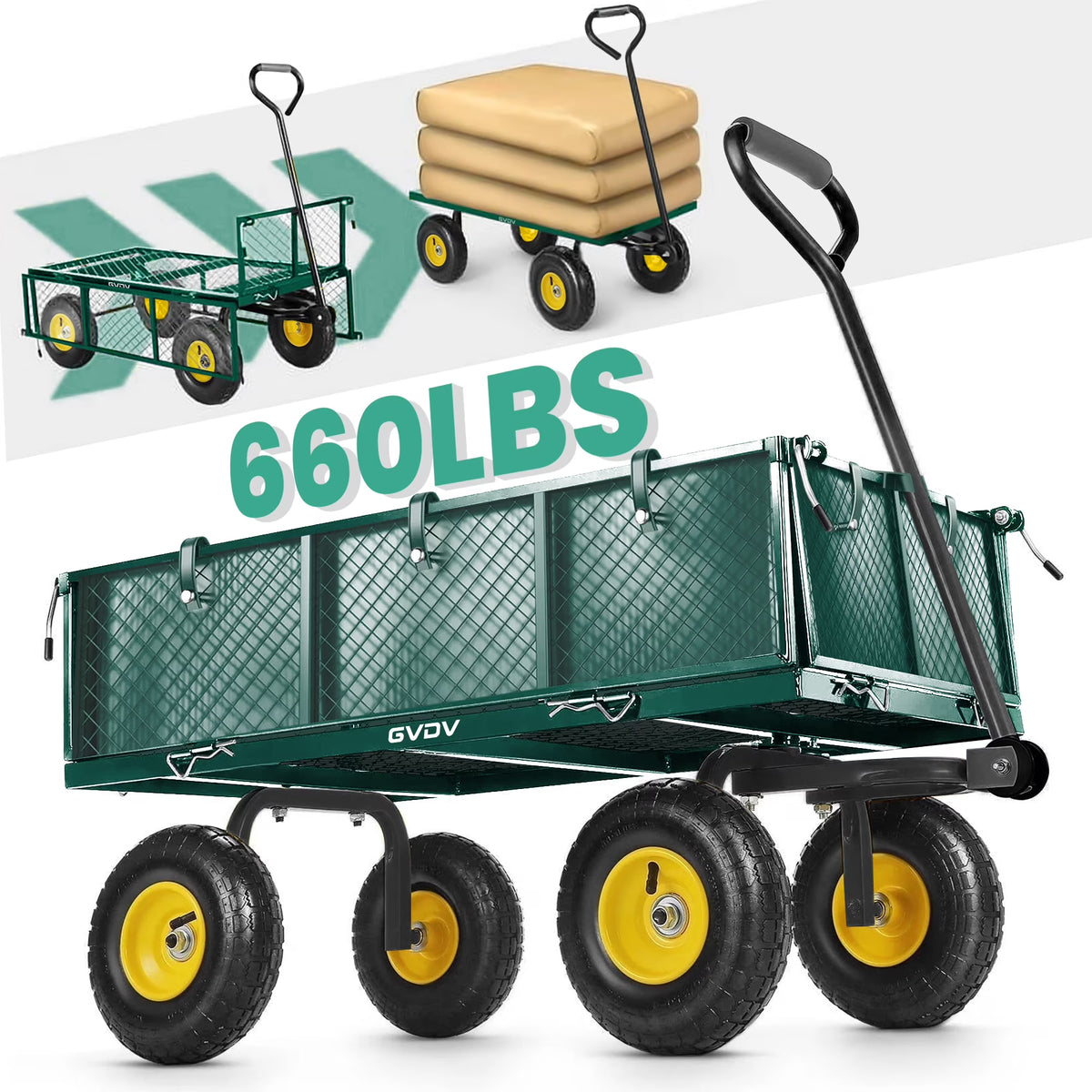 GVDV Heavy Duty Steel Garden Cart with Liner, 660lbs Capacity, 3 Cu ft, 10" All-Terrain Wheels, Black/Yellow �C Durable Utility Cart for Yard Work, Hauling, and Outdoor Use
