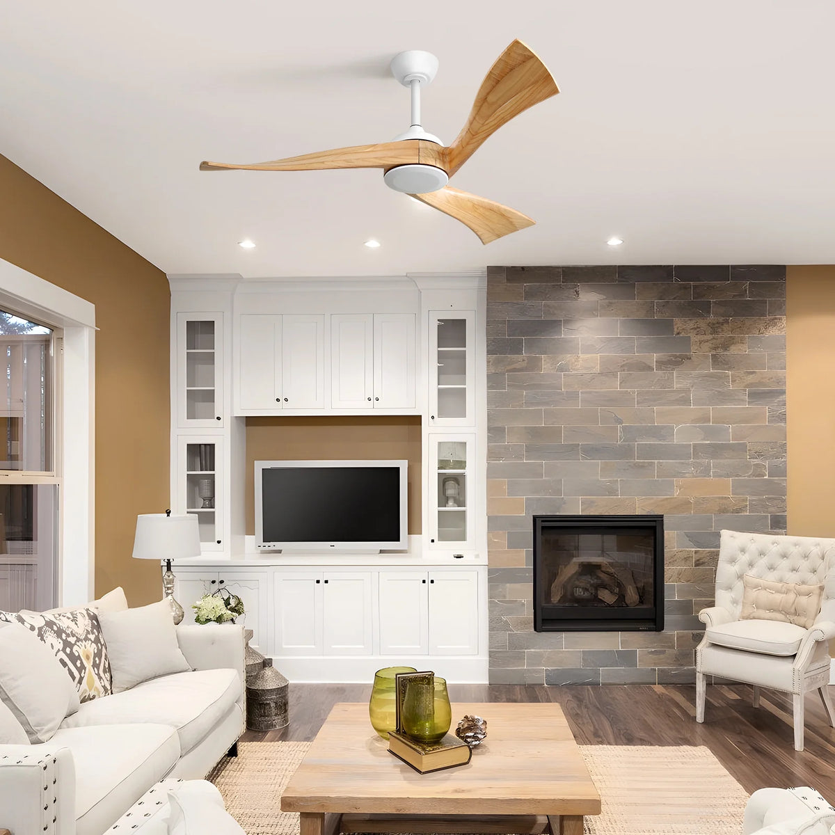 Sofucor 52" Wood Ceiling Fan No Light, 6 Wind Speeds, 3 Blades with Reverse Airflow, Black
