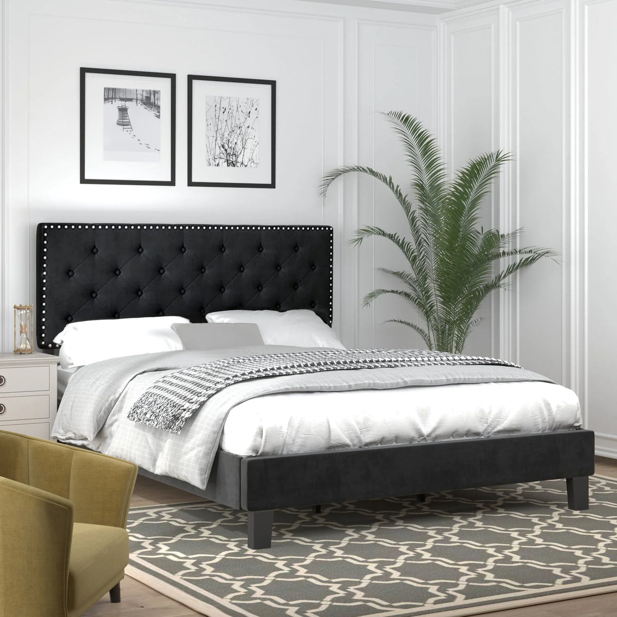 Catrimown Full Bed Frame, Upholstered Platform Bed Frame with Adjustable Button Tufted Nailhead  Headboard, Black