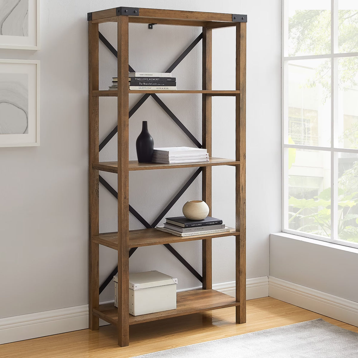 Walker Edison Rustic Industrial 4-Shelf Bookcase, Dark Walnut
