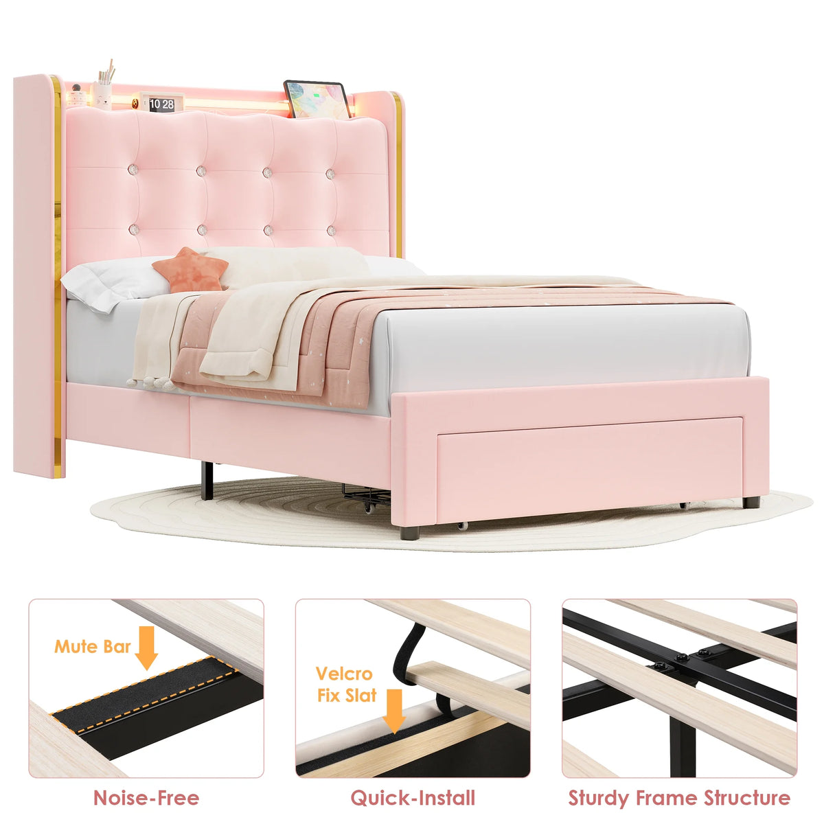 Homfa Twin Size LED Bed Frame with Drawer, Velvet Crystal Button Upholstered Platform Bed Frame with Outlets and USB Ports & Display Platform, No Box Spring Needed, Pink