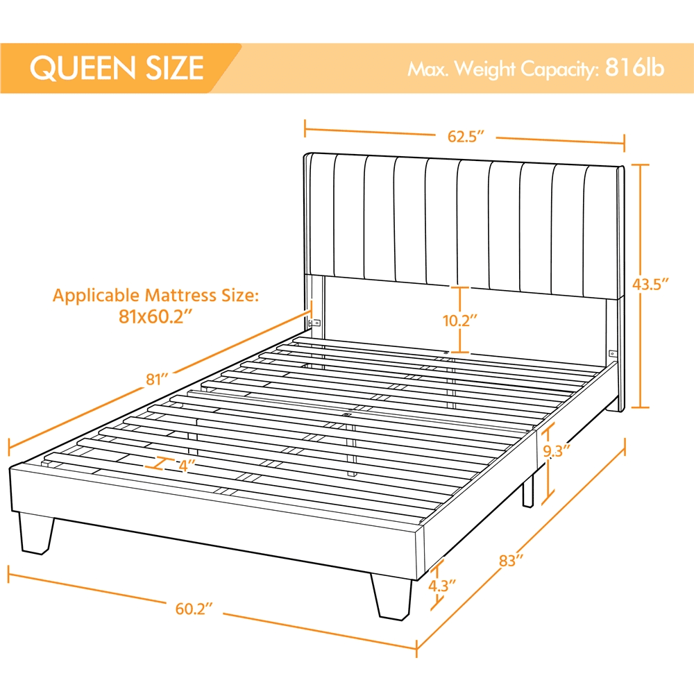 Yaheetech Upholstered Wingback Bed with Support and Mattress Foundation, Queen, Dark Gray