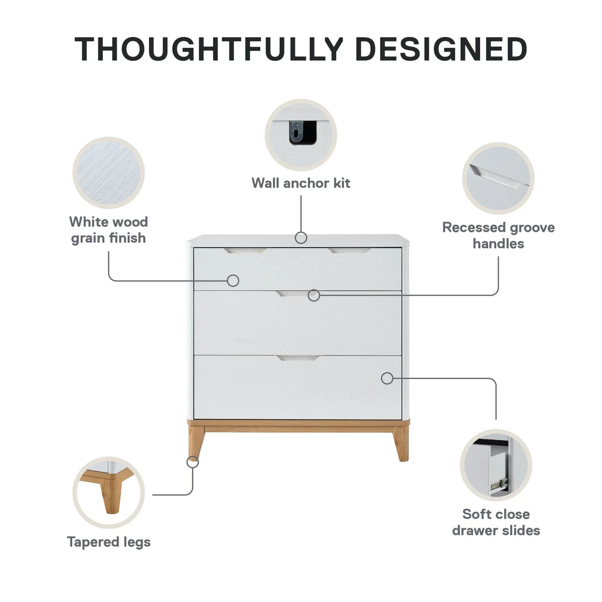 Better Homes & Gardens Leighton 3 Drawer Dresser, White and Natural