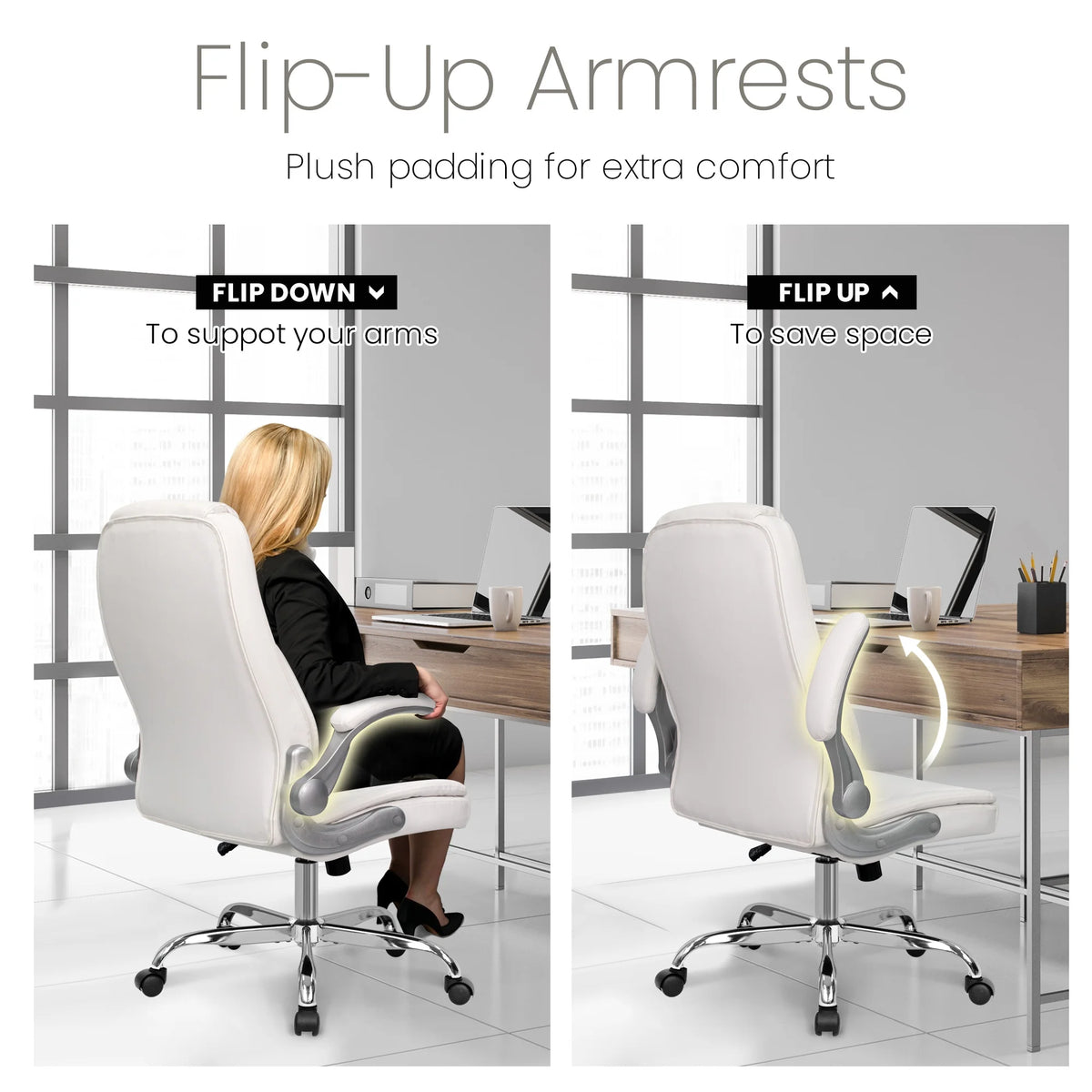 NEO CHAIR Executive Office Chair, Ergonomic High back Cushioned, Wide Leather Seat 8 Hours Heavy Duty Design, Flip Up Armrest Computer Desk Chair, Black