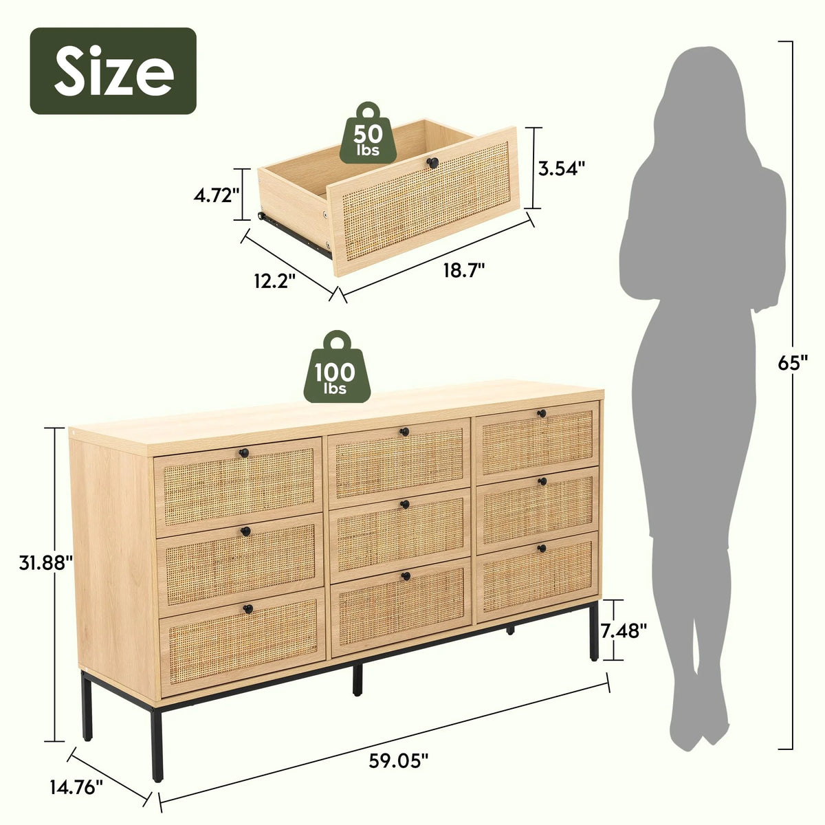 Brafabhome Rattan 6 Drawers Dresser for Bedroom, Vintage Boho Double Dresser Wicker Chest with Wooden Legs for Living Room Hallway| Mint