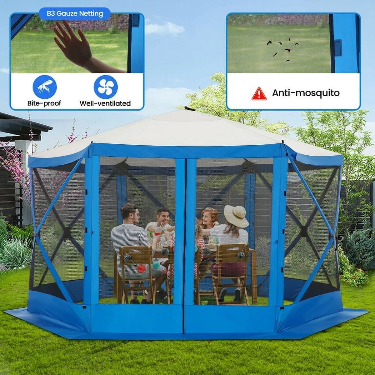 SANOPY 12'x12' Gazebo Outdoor Pop up Gazebo Screen Tent with 6 Sides Mosquito Netting Camping Gazebo Instant Shelter Glamping Tent with Carry bag, Ground Spike, Gray