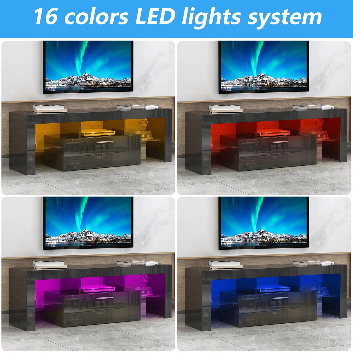 UHOMEPRO TV Stand for TV up to 70", Living Room Entertainment Center with RGB LED Lights and Storage Shelves Furniture, White High Gloss TV Cabinet Console Table