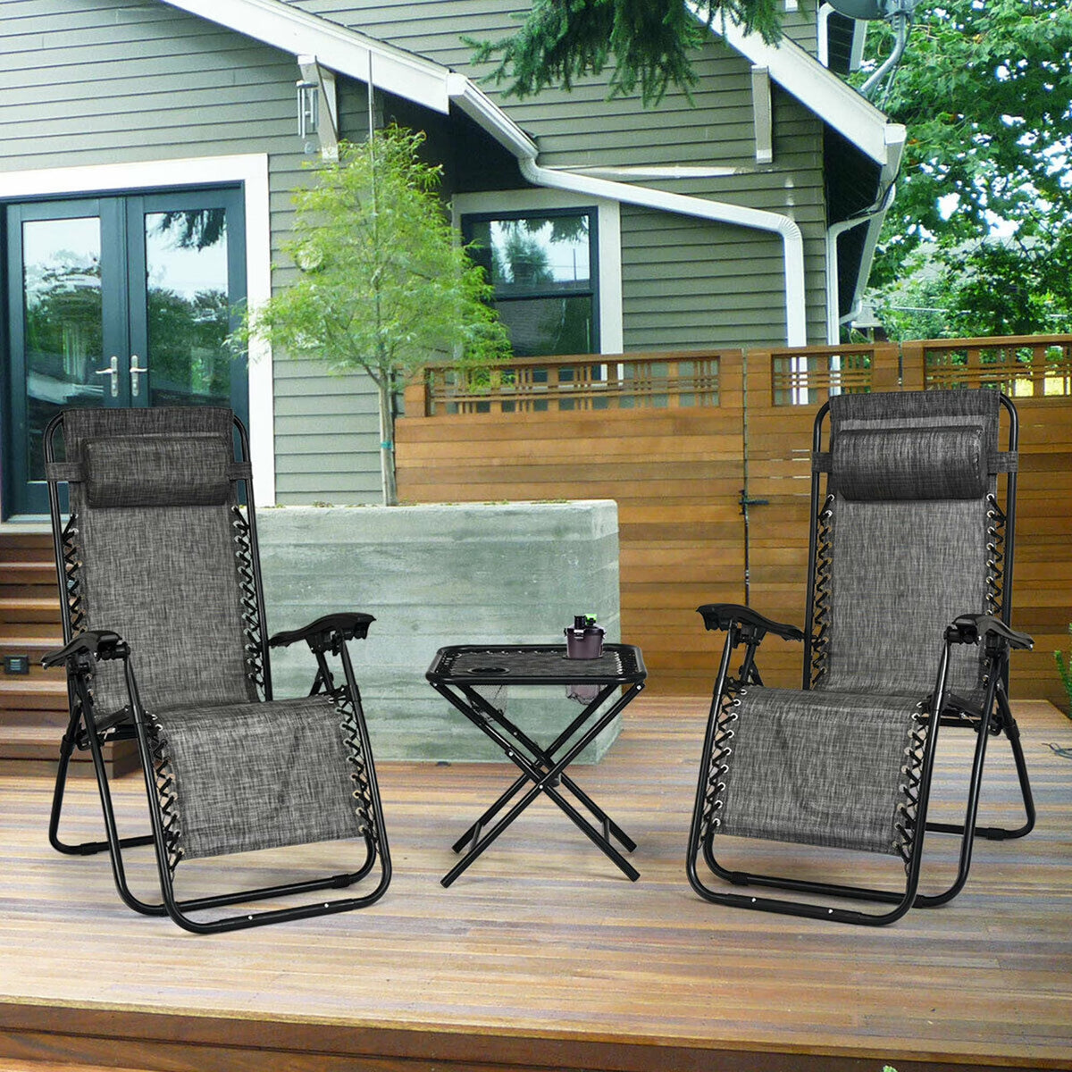 Gymax 3PC Zero Gravity Reclining Lounge Chairs Pillows Table Portable Folding Beige