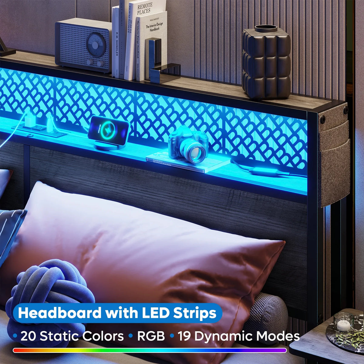 Bestier Queen Size Platform Bed Frame with Wood Foldable Bedside Shelves and LED Storage Headboard Charge Station, Gray