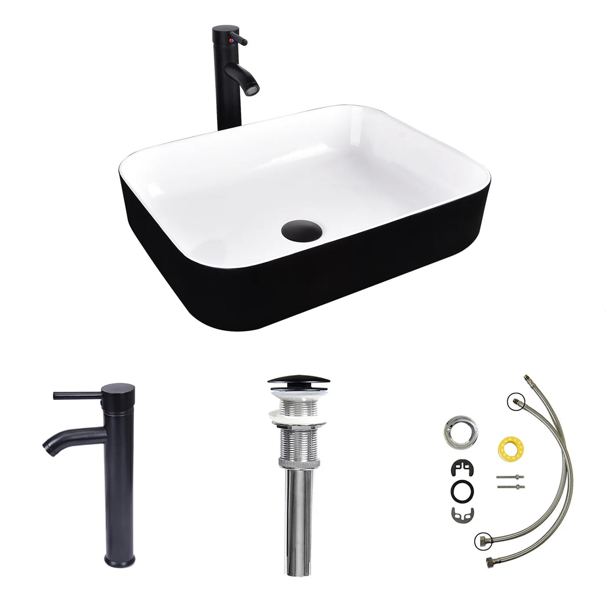 FULLWATT Bathroom Ceramic Sink Vanity Vessel Basin Porcelain Faucet Drain Combo Rectangle,White