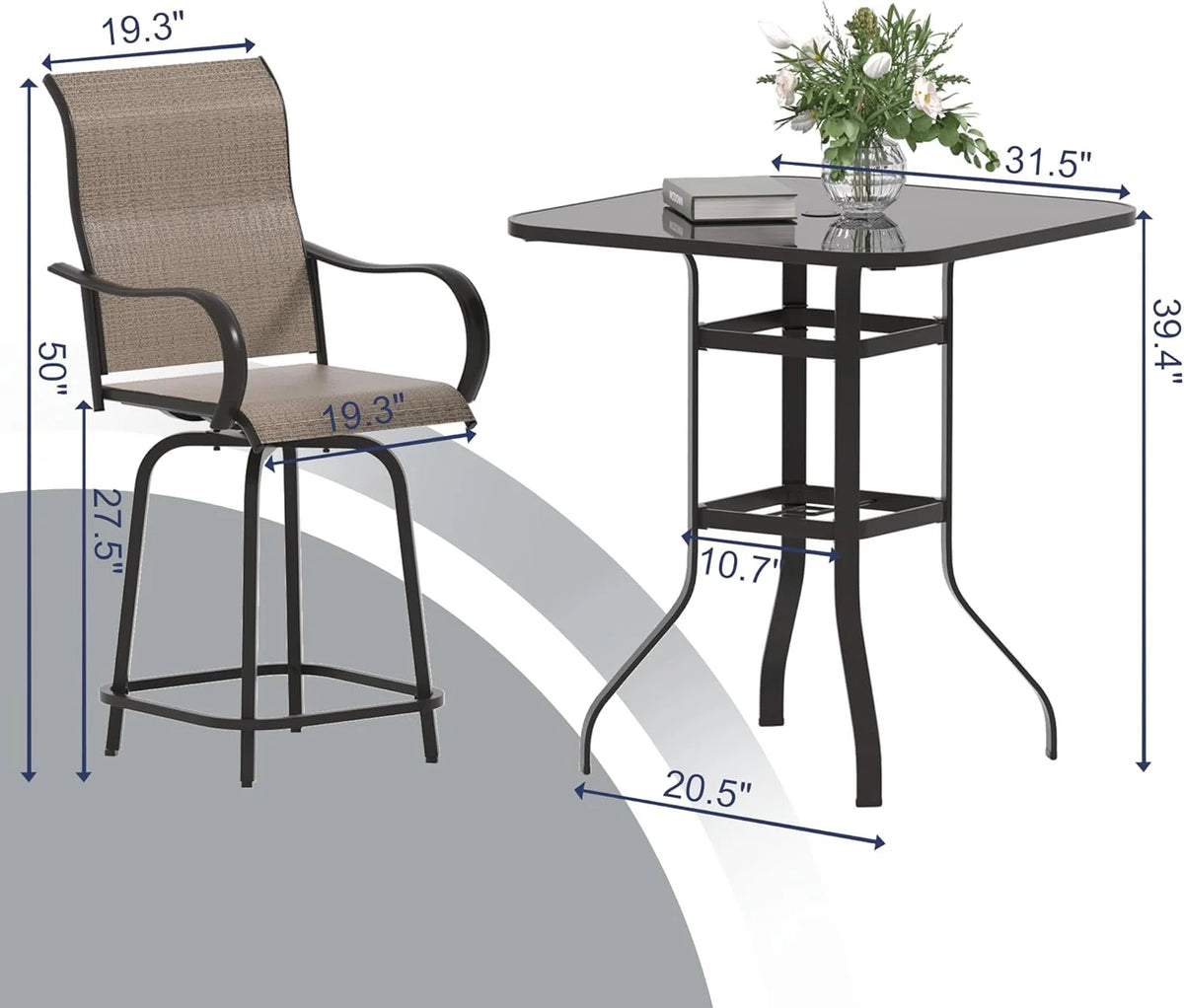 Poteban Patio Bar Height Table with Umbrella Hole, 2-Tier High Top Outdoor Bistro Table, Square Tempered Glass Metal Table for Patio, Lawn, Bar