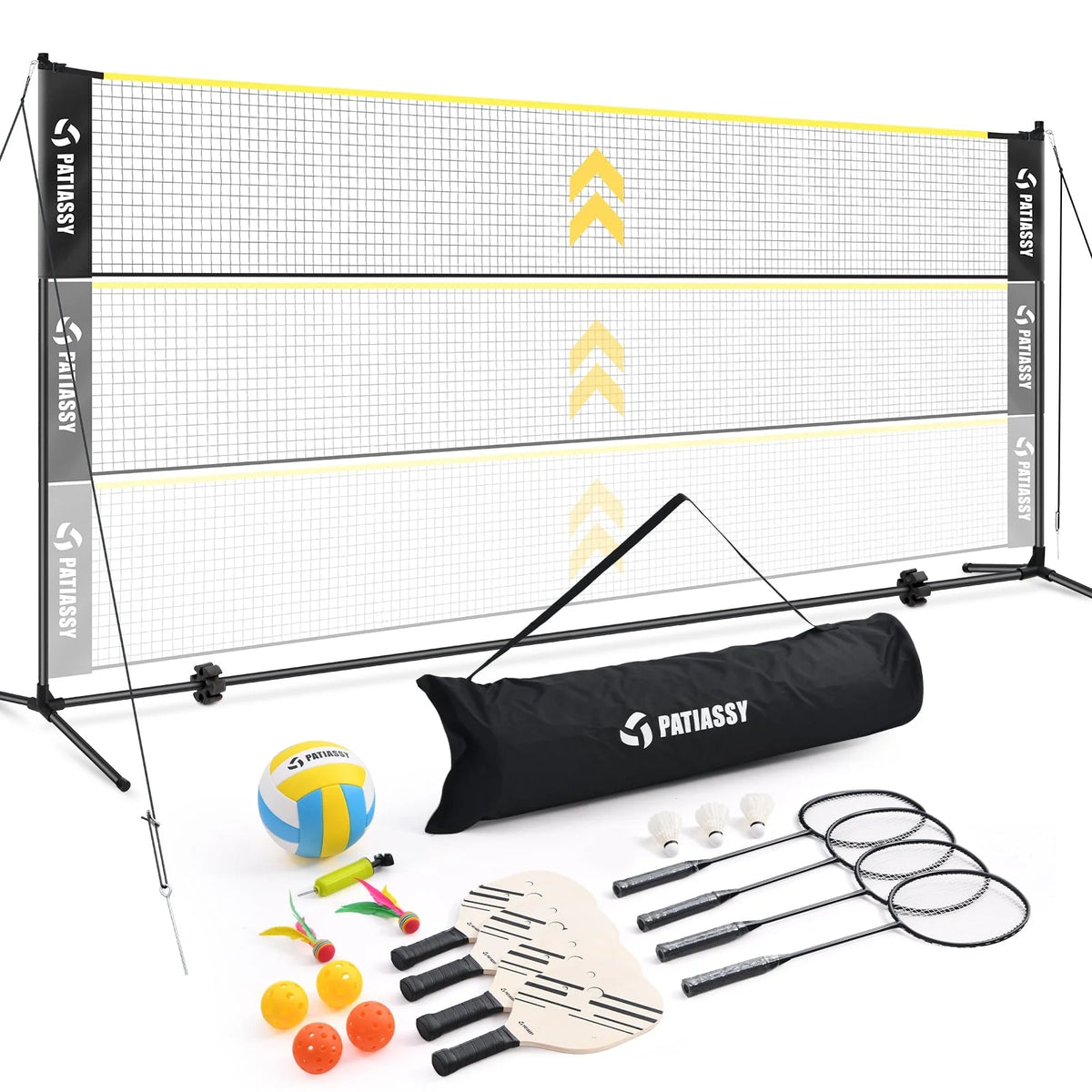 Patiassy 5.1ft-7.4ft Adjustable Height Volleyball Badminton Pickleball Net Set with Poles, 4 Rackets, 3 Shuttlecocks, 4 Pickleball Paddles , and Volleyball