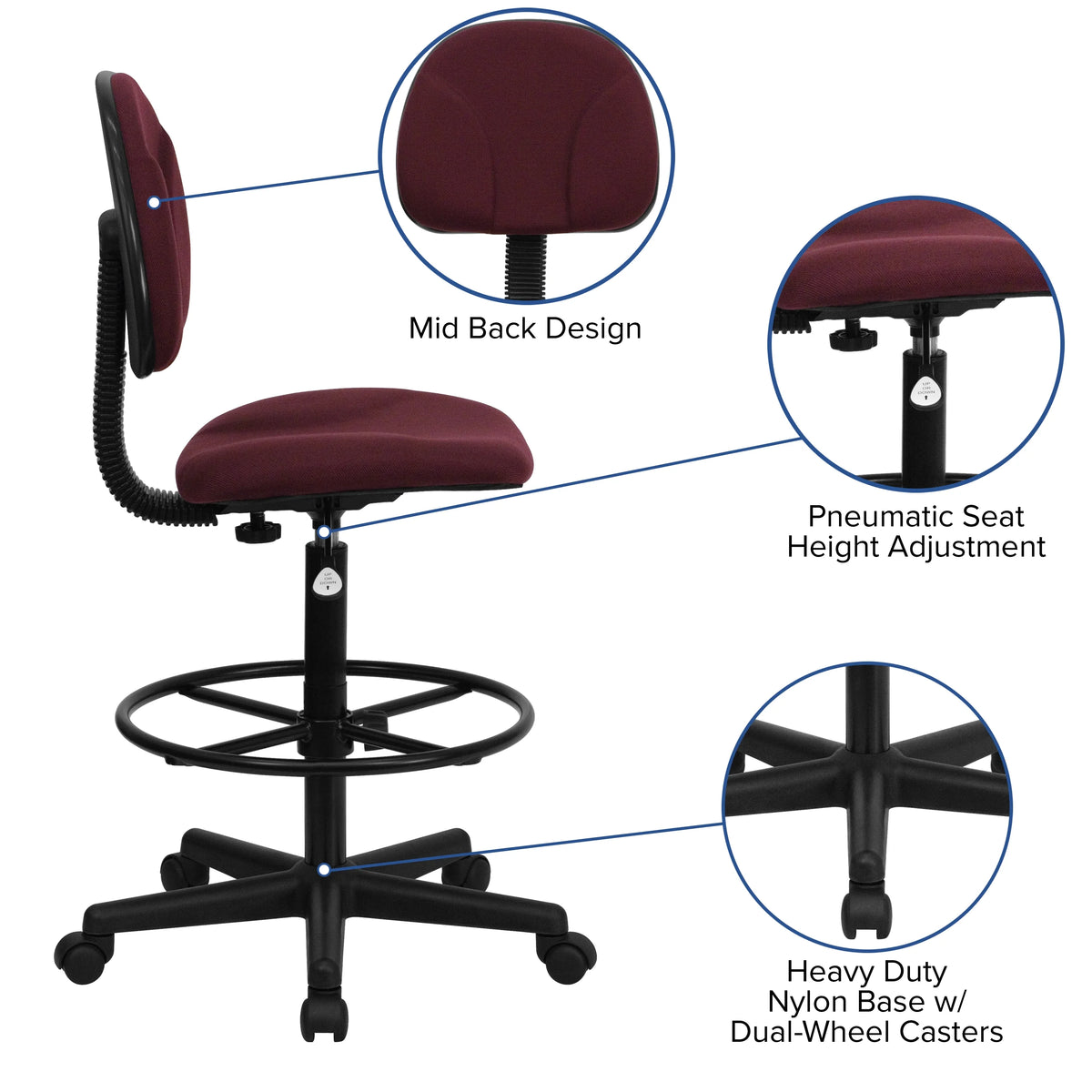 Emma  Oliver Black Fabric Drafting Chair (Cylinders: 22.5"-27"H, 26"-30.5"H)