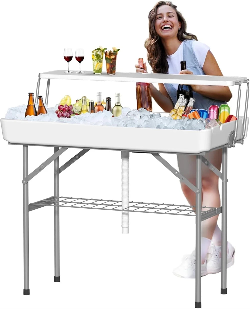 Ataucjin Outdoor Ice Cooler Folding Table with Drain, Two-Tier Ice Tables with Removable Skirt and Extra Storage Shelf, Indoor Outdoor Use for Events, Parties, Wedding, Camping, BBQ, White