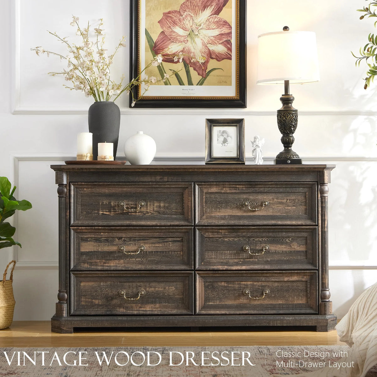 Brafabhome Rattan 6 Drawers Dresser for Bedroom, Vintage Boho Double Dresser Wicker Chest with Wooden Legs for Living Room Hallway| Mint