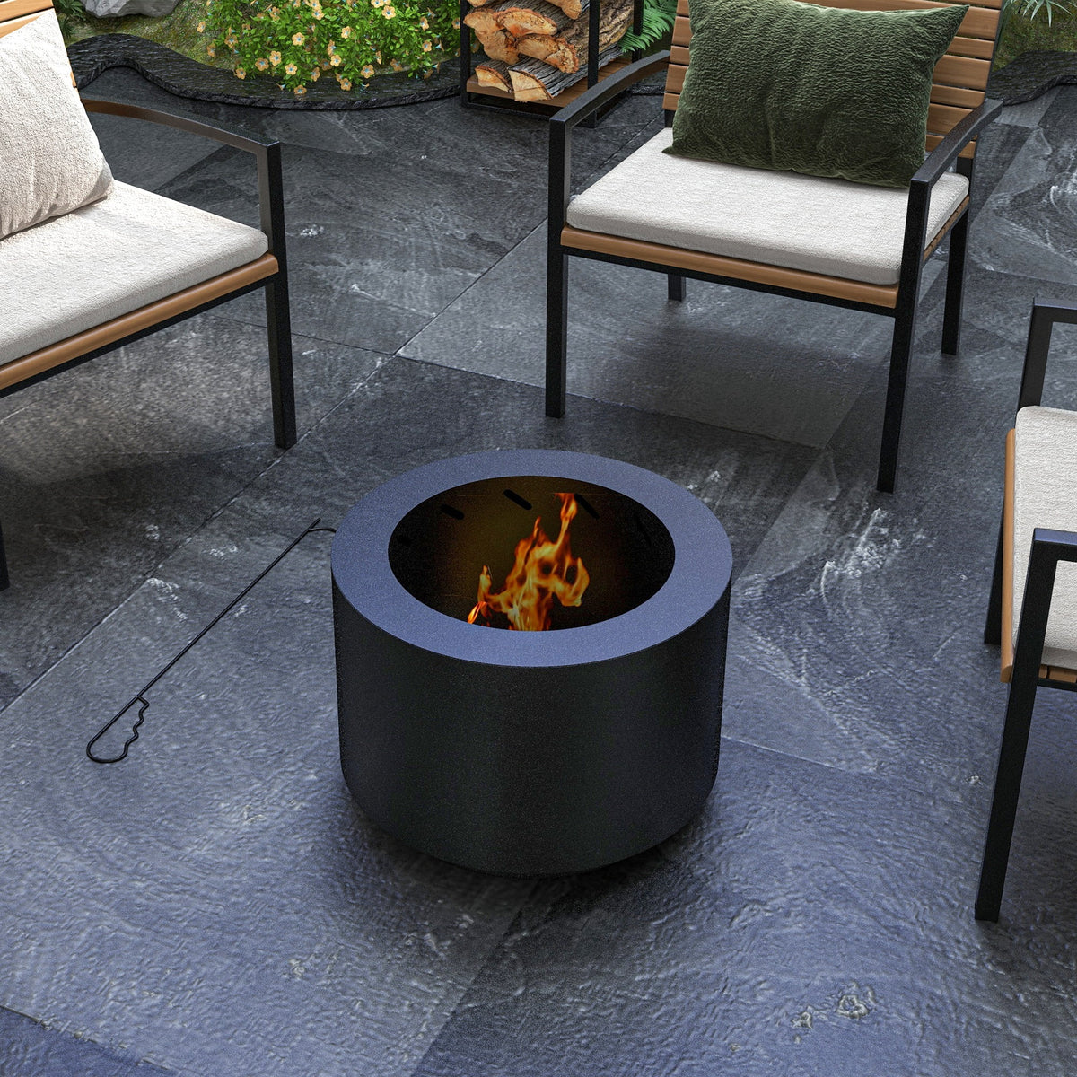 Outsunny Smokeless Fire Pit w/ Poker, 19" Firepit, Steel, Black