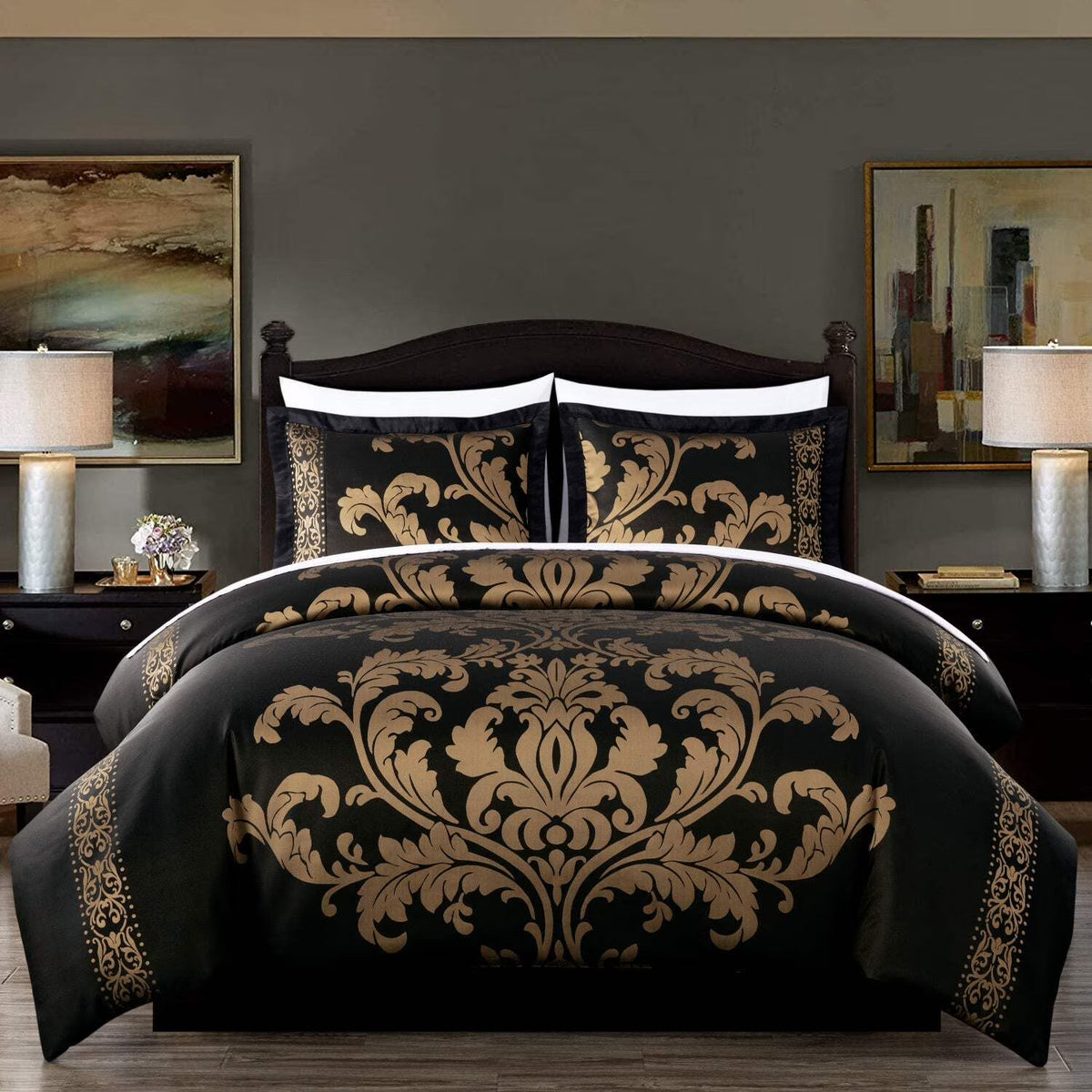 Chezmoi Collection Valor 7-Piece Bed in a Bag California King, Black/Gold Luxury Jacquard Floral Comforter with Sheets Set for All Season